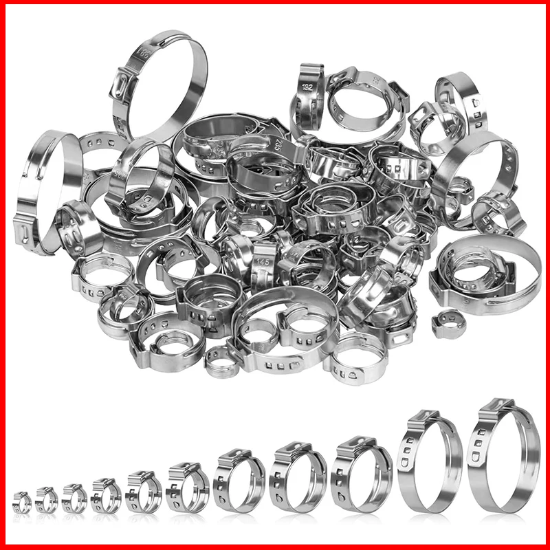 ZK 50Pcs 304SS Ear Stepless Hose Clamps, Oetiker Style Hoop, Multi Spec for Auto Water Air Fuel Line Fixing & Hose Repair Work