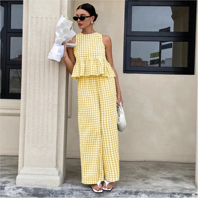 

Casual Fashion 2 Piece Set for Women 2026 Summer Lattice Printed Round Neck Sleeveless Top + Straight Loose Trousers Sets