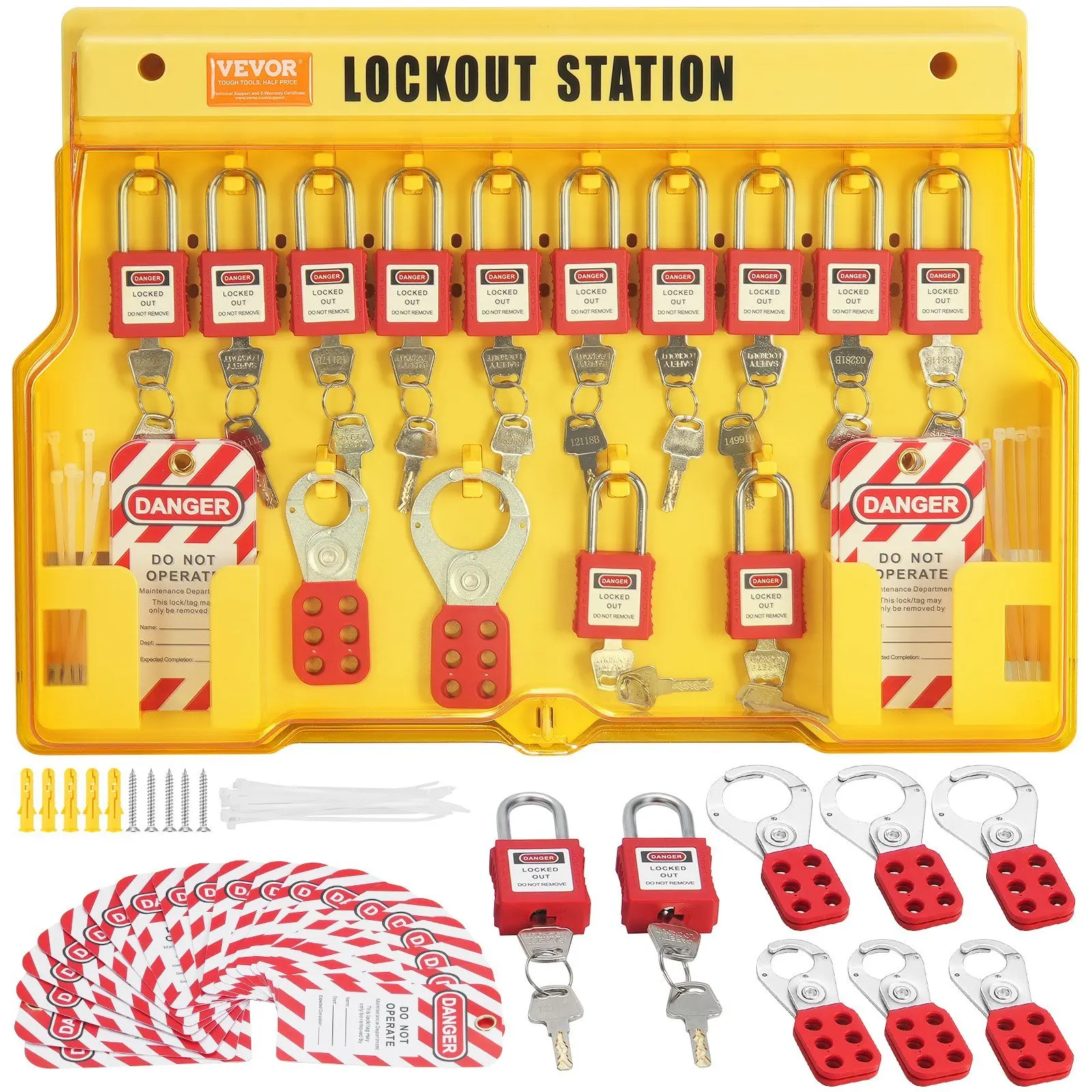 

VEVOR Electrical Lockout Tagout Kit, 60 PCS Safety Lockout Tagout Station Includes Padlocks, Hasps, Tags, Nylon Ties, Expansion