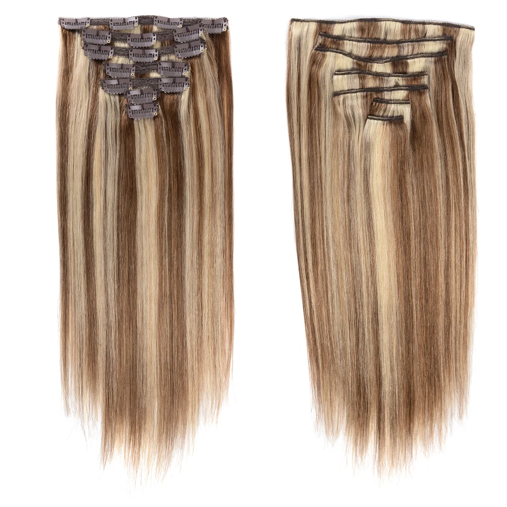 Clipe Remy brasileiro em extensões de cabelo humano, cabeça cheia, marrom a loira série de volume, 160g, 200g, 240g, 16 "a 24", 10pcs