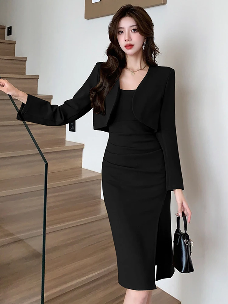 New Elegant Formal 2 Pieces Outfit Women Clothes Professional Short Jacket Coat Blazer Strap Slit Midi Robe Dress Sets Business