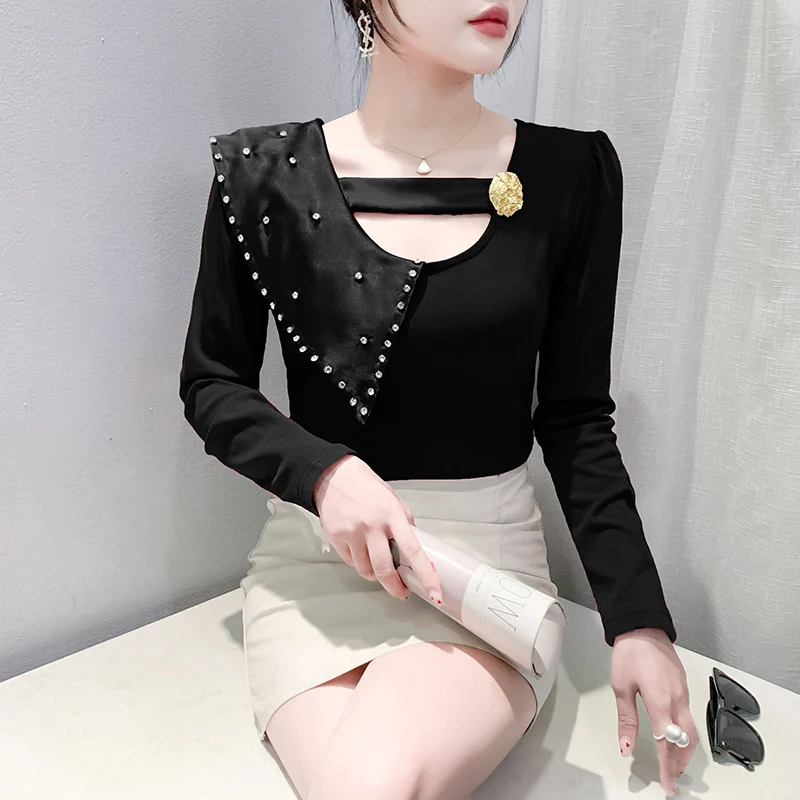 #7377 Spring Autumn Long Sleeve T Shirt Women V-neck Split Joint Skinny Korean Style Diamonds Irrgular Tshirt Female Streetwear