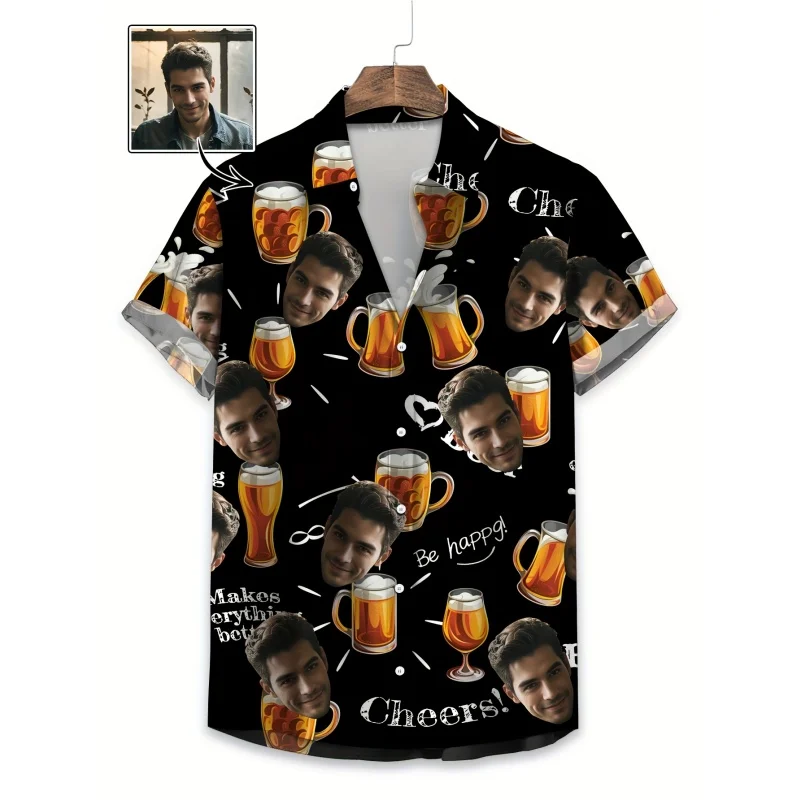 

Beer Pizza Pattern Hawaiian Shirt For Men Customized 3D Printed Short Sleeves Summer Loose Aloha Shirts Lapel Tops Street Blouse