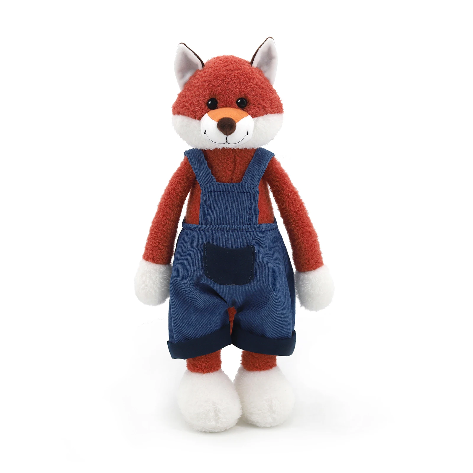 デニムオーバーオールを着た赤いキツネのぬいぐるみ、柔らかいぬいぐるみ人形、漫画の子供向けギフト、家の装飾、かわいいぬいぐるみ、子供の誕生日プレゼント
