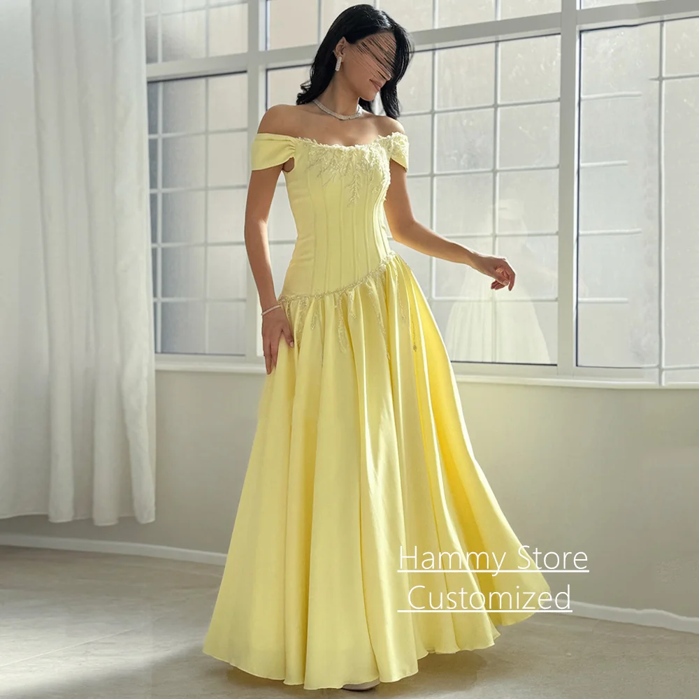 

Corset Prom Dress Customized Off The Shoulder Boat Neck Sequined Applique A Line Satin Arabian Evening Gown for Woman