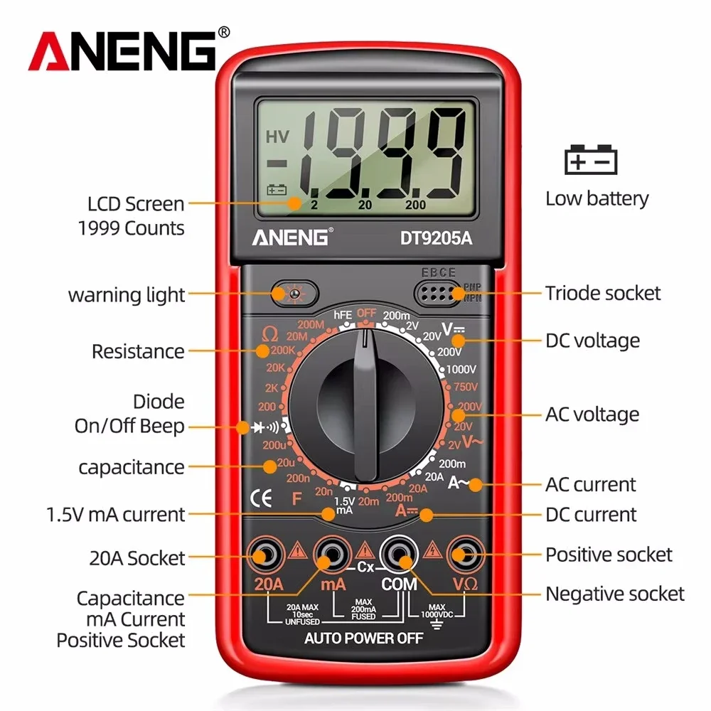 ANENG DT9205A Digital Multimeter True RMS Professional Multimeter AC/DC Current Tester Ohm Capacitor Voltage Meter Detector Tool