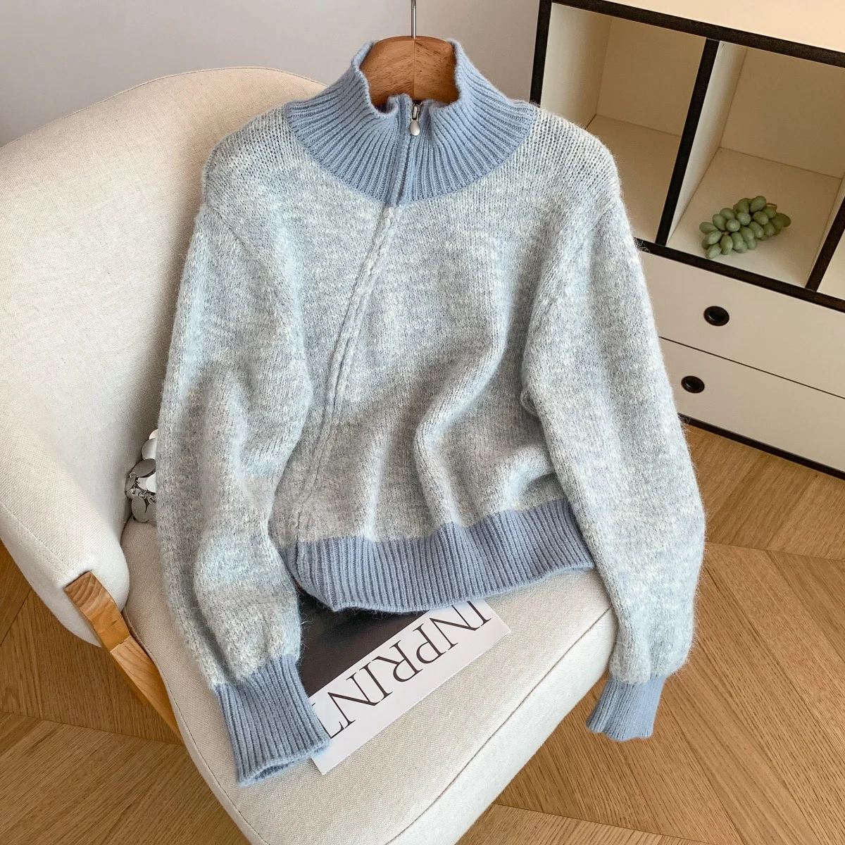 Women Blue Cardigan Cozy Sweater Vintage 2000s Y2k Turtleneck Zippers Jumper Knitwear Long Sleeves Sweater Autumn Winter Clothes