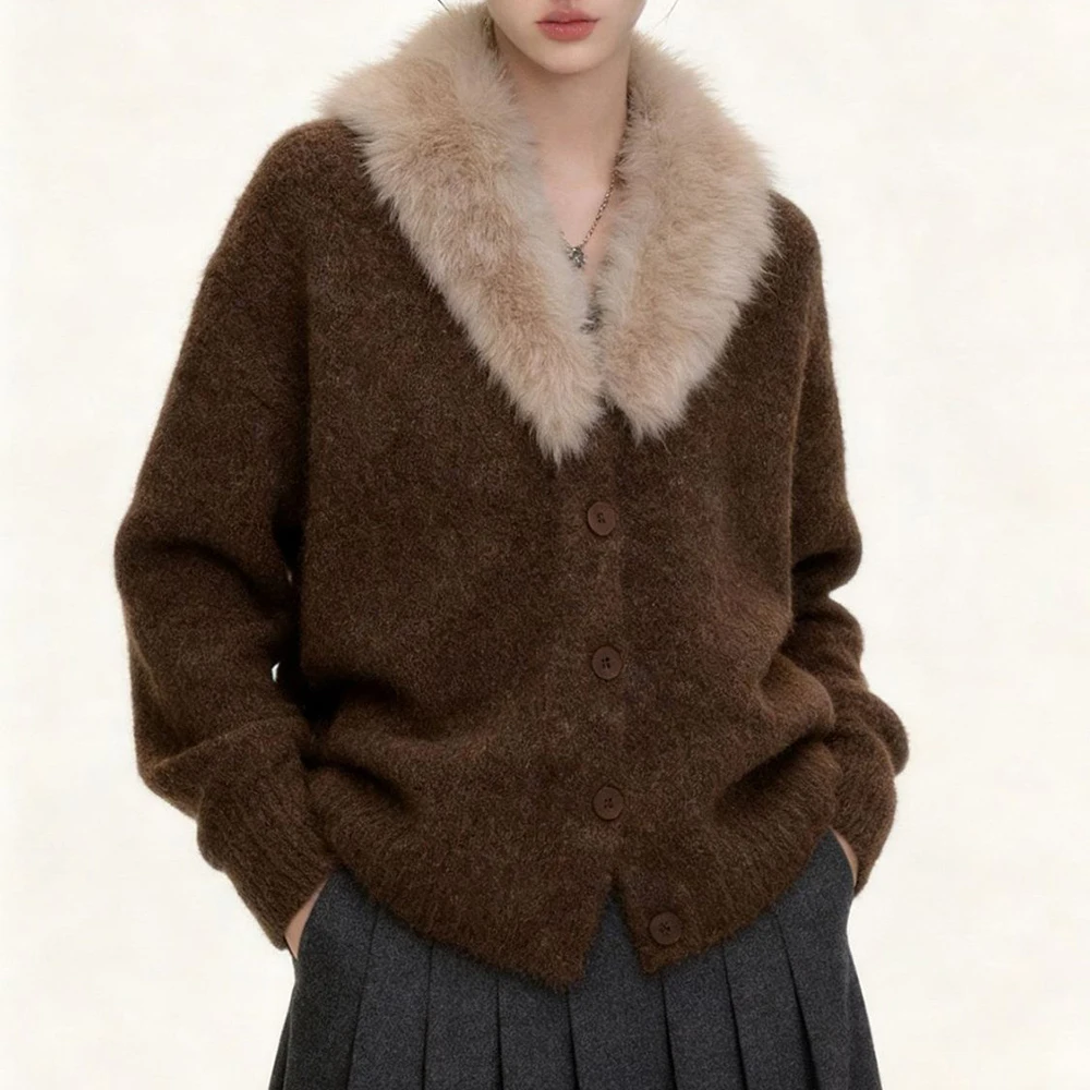 

2026 new old money wind loose retro coffee color fur collar knitted single-row button sweater thick coat women's winter