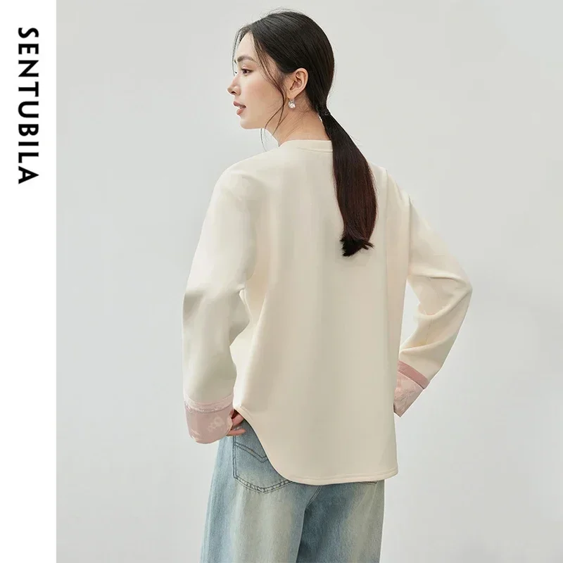 SENTUBILA Spliced Jacquard Sweatshirt Women 2025 Spring Cotton Blend Drop Long Sleeve Tops Loose Fit Pullovers Woman 143A56435