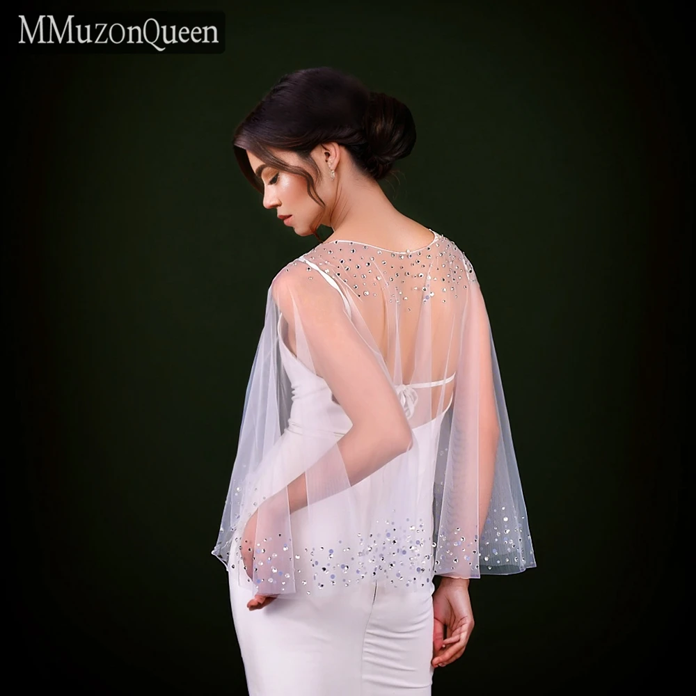 MMQ MG34 Rhinestone Wedding Tulle Shawl Elegant Woman Dress Bolero Bridal Cape Bride Wedding Coat DIY Customizable