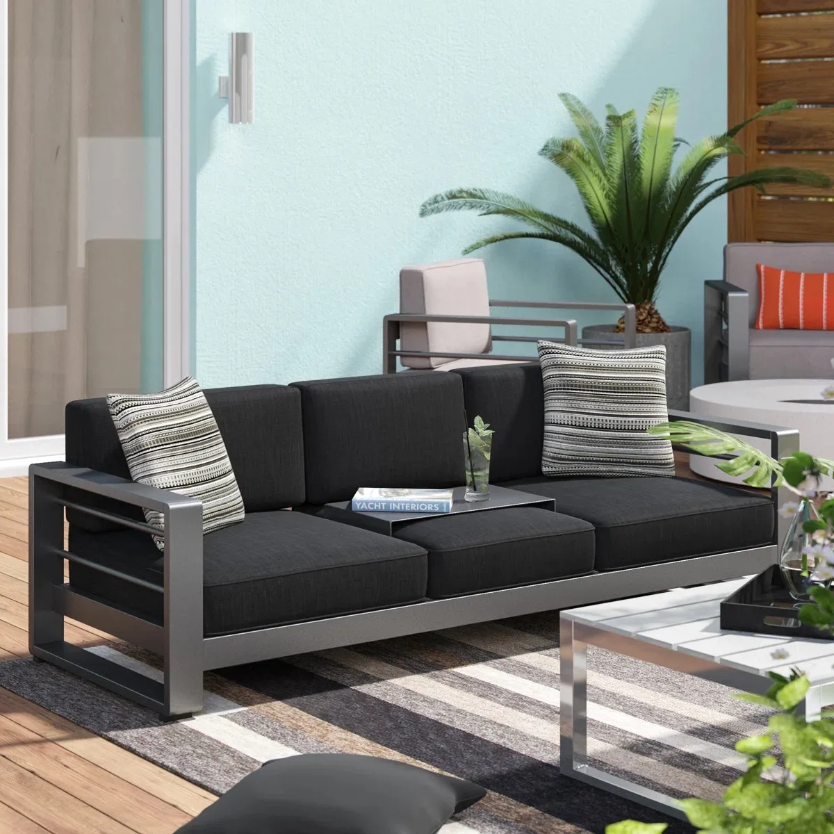 #Modern Outdoor Sofa Set Silver Aluminum Frame Black Cushions Striped Pillows Weather Resistant Patio Furniture for Backyard