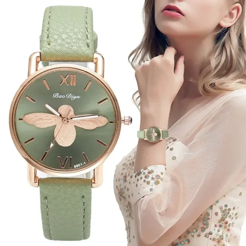 

Женские часы Little Bee Design, простые винтажные зеленые кожаные женские роскошные наручные часы, модные повседневные женские кварцевые часы Reloj