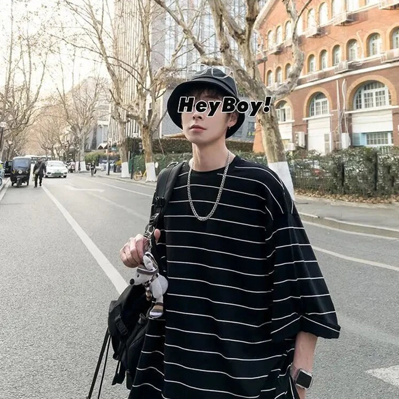 Black White Striped Print Short Sleeve Men T Shirts 2022 Summer New Casual Fashion Split Fork 2xl Oversized Punk Couple Clothes