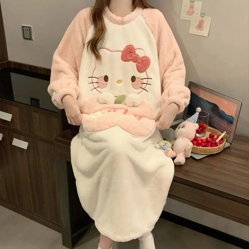 Winter Nightgown Hello Kitty Women's Autumn Winter Coral Velvet Thickened Warm Pajamas Flannel Cute Cartoon Home Clothes Ins view 4