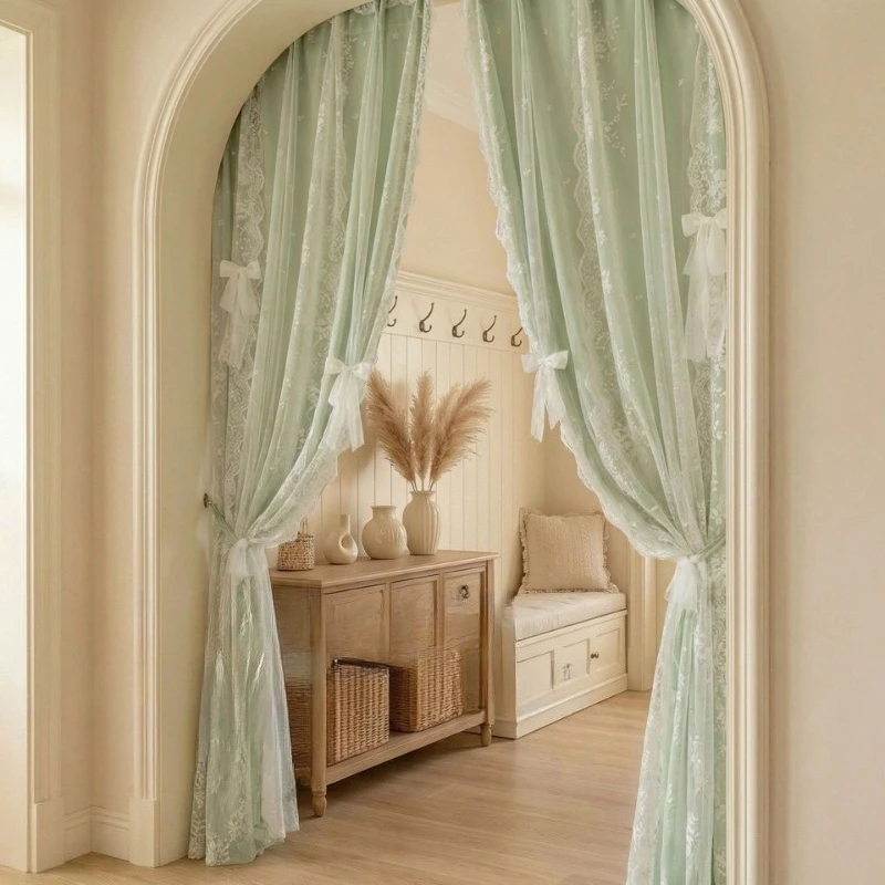 Fashion French Romantic Double Layer Lace Door Curtain No Drill Magic Sticker Partition Curtain for Living Dining Room Bedroom
