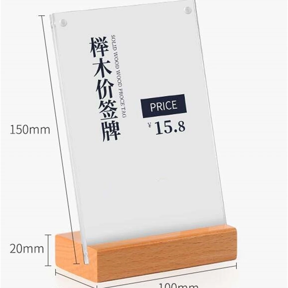 Acrylic 10x15cm Desk Sign Menu Stand Name Card Advertising Poster Price Tag Display Label Holder Wood Photo Frame