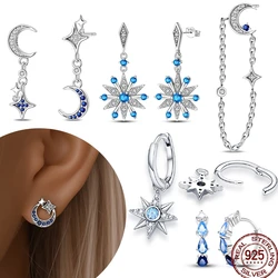 Women's Romantic 925 Sterling Silver Snowflake Star Shiny Zirconia Star Moon Winter Earrings Fit Wedding Party Fine Jewelry