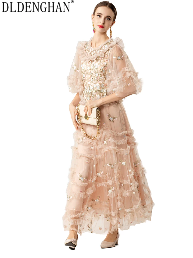 Dldenghan feminino o-pescoço mangas alargamento bordado em camadas borda babados primavera verão boêmio maxi vestido