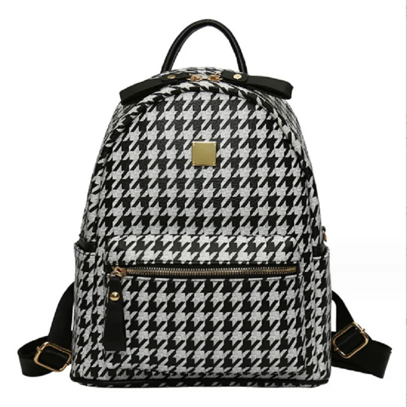 Women Fashion Luxury Houndstooth Large Capacity Travel Backpacks High Quality Leather Shoulder Bags School Bag Totes Bagpack