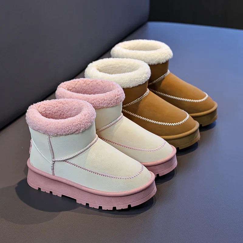 أحذية الثلوج حذاء من الجلد حذاء مسطح القطن موضة الشتاء أحذية للفتيات المضادة للانزلاق سميكة القاع الدافئة الأصفر الوردي الأحذية حجم 32-40 #1