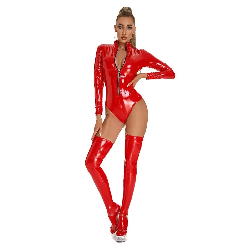 Women Sexy Zipper Open Crotch PVC Latex Bodysuit Erotic Crotchless Catsuit Ladies Shiny Wetlook Faux Leather Jumpsuits