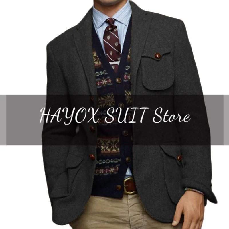 Men\'s Suit Tweed Single Breasted Point Lapel Multi-Pocket Jacket Trendy Steampunk Wedding Prom Slim Fashion Elegant Suit Jacket