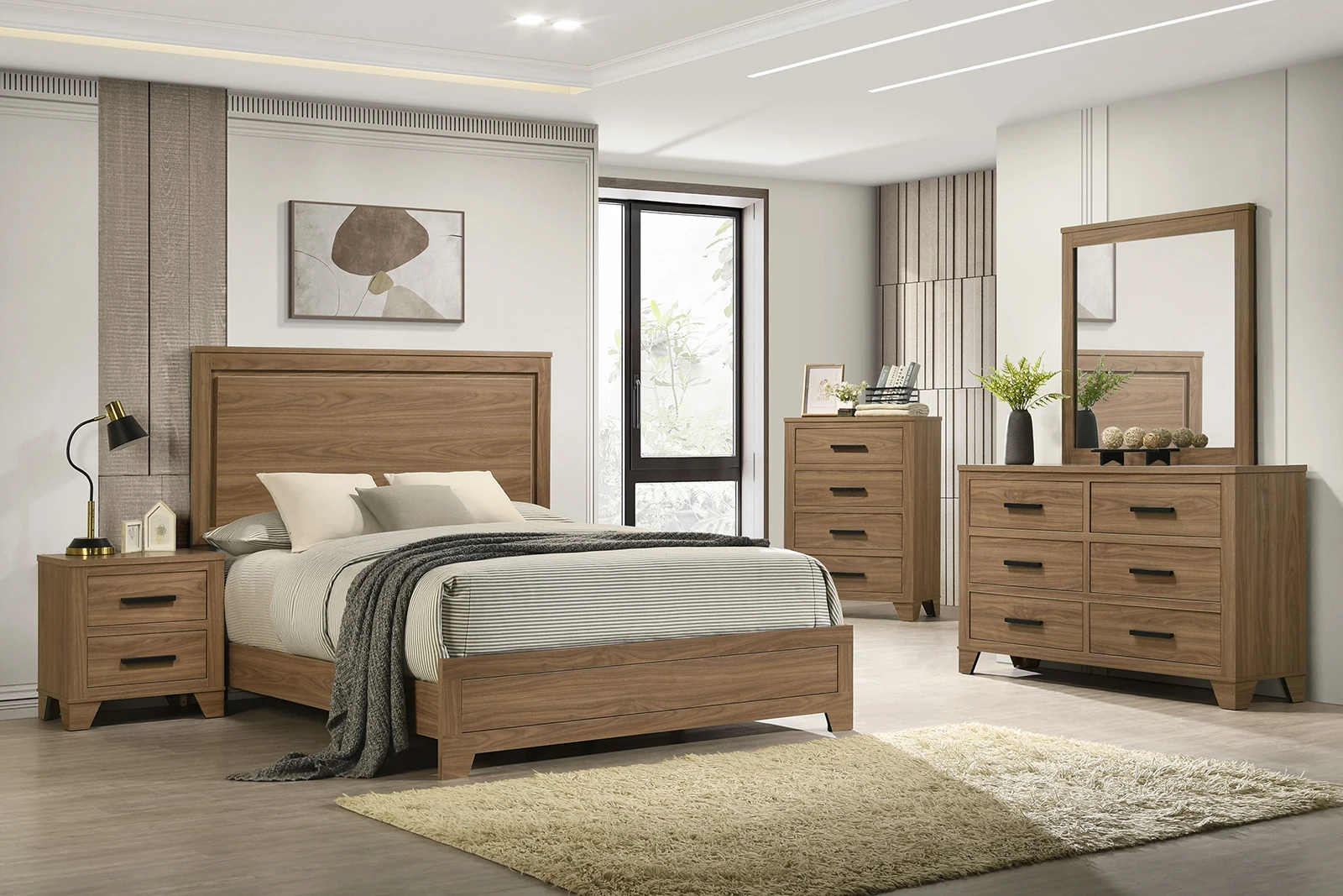 //1pc Walnut Color Six Drawers Dresser Black Bar Pulls Transitional Style Bedroom Metal Center Glide