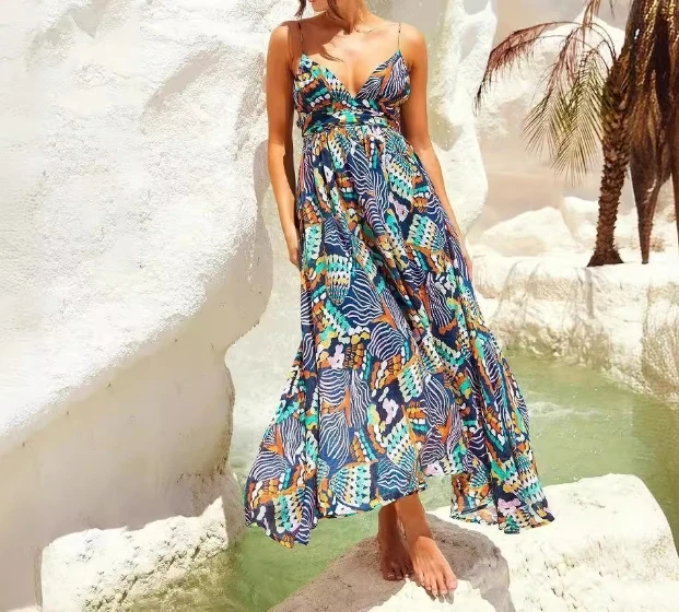 

Sexy Camisole Strapless Sleeveless Vacation Style Fashionable Printed Skirt Casual Versatile Long Skirt Women's Summer Dress