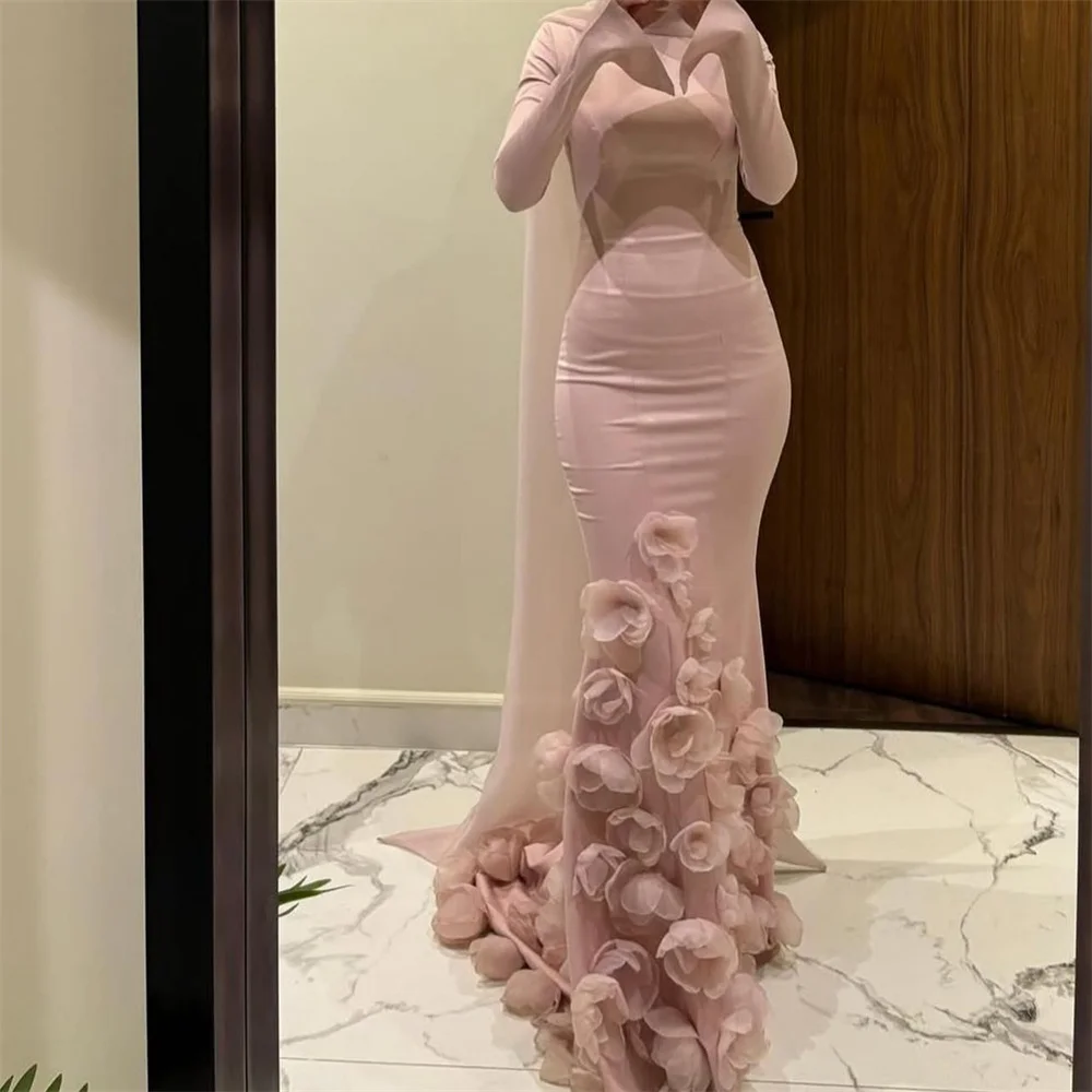 كاثي مخصص الوردي الرسن الرقبة حورية البحر فساتين لحضور الحفلات الموسيقية يزين كم طويل vestidos de noiva الطابق طول فستان سهرة 2025