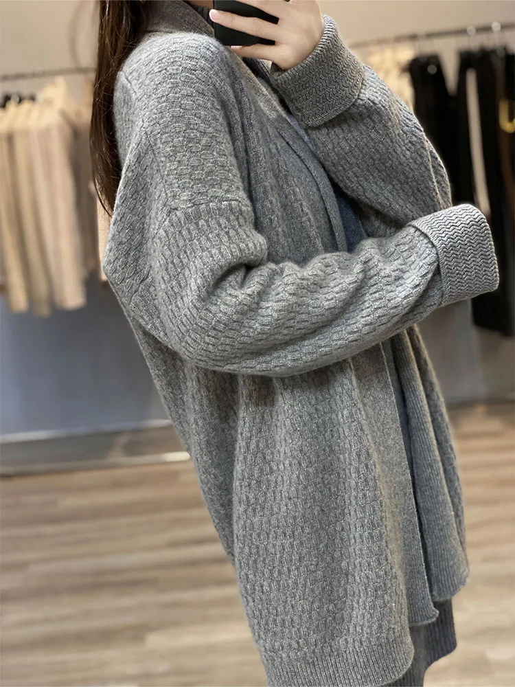 100% Cashmere Wool Coat Cardigan Women\'s 2022 Autumn Winter New V-neck Heavy High-end Knitted Sweater Loose Mid-length Jacket