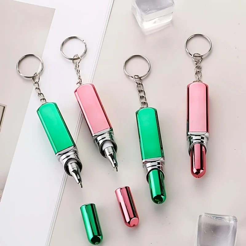 Creative Lipstick Shape Mini Ballpoint Pen Keychain Portable Retractable Small Ball Pen Cute Novelty Stationery Gif