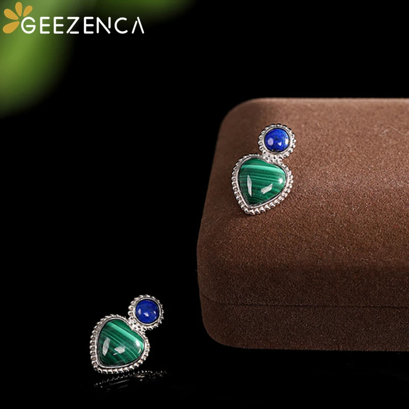 GEEZENCA Natural Malachite Lapis Lazuli 925 Sterling Silver Heart Earrings Women Minimalistic Geometric Chic  Earring 2023 New