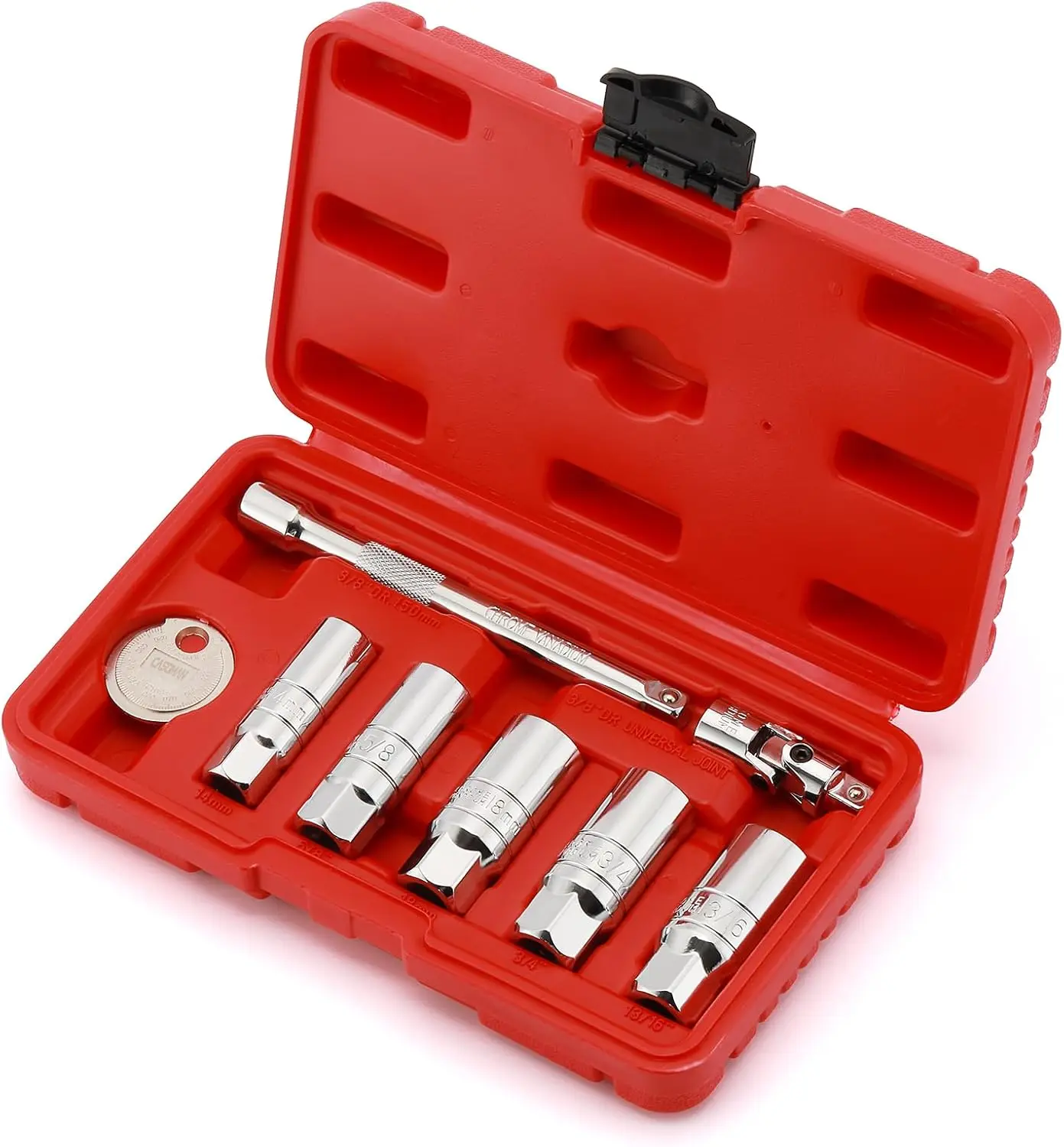 

3/8-Inch Drive Spark Plug Socket Set, 6-Point, Includes Extension Bar, Universal Joint & Gapper, 8-Piece CR-V Steel Kit