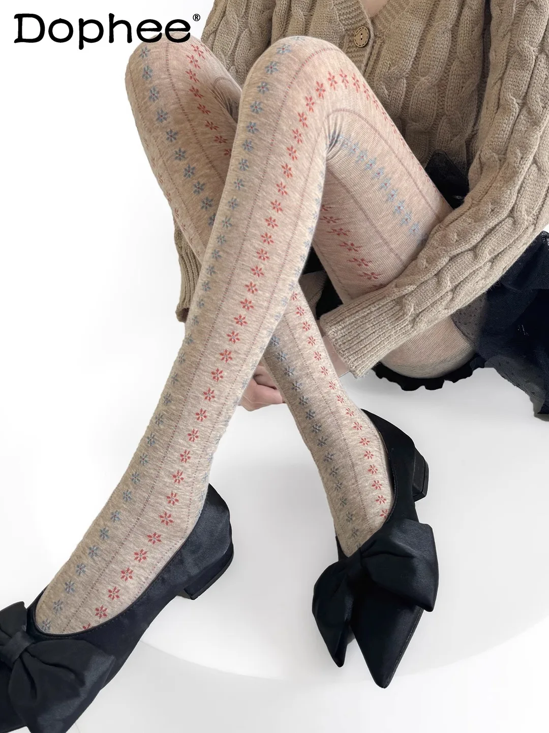 

2025 Autumn Winter New Floral Vertical Stripes Japanese INS Style Cotton Fashion Slimming Personality Tights