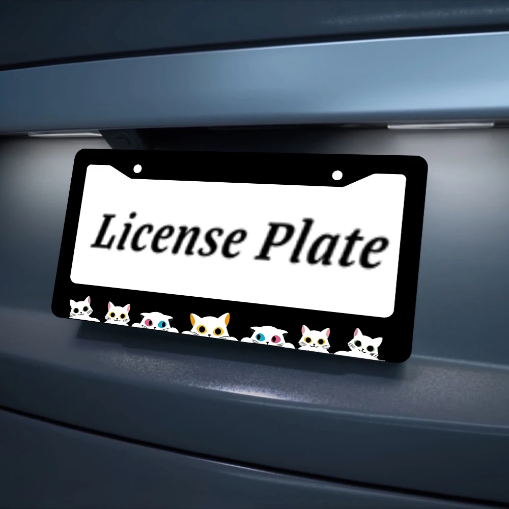 إطار لوحة ترخيص أسود بفتحتين مع نمط قطط ملون، مادة ألومنيوم، 6 × 12 بوصة، يتضمن مجموعة براغي #5