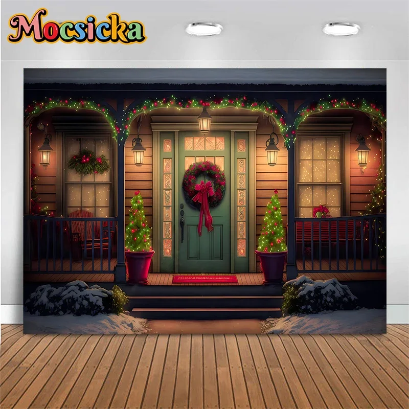 

Mocsicka Wooden House Background For Photography Merry Christmas Tree Wreath Light Door Wallpaper Decor Backdrop Photo Studio