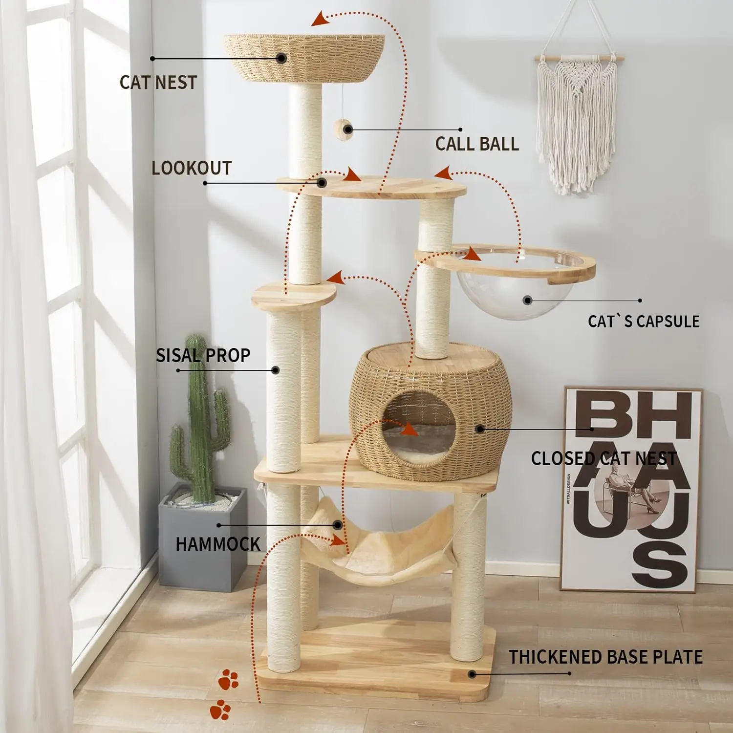 Cat Tower Sisal-Covered Scratching Posts for Indoor Cats, Oak Wood Cat Tree for Large Cats