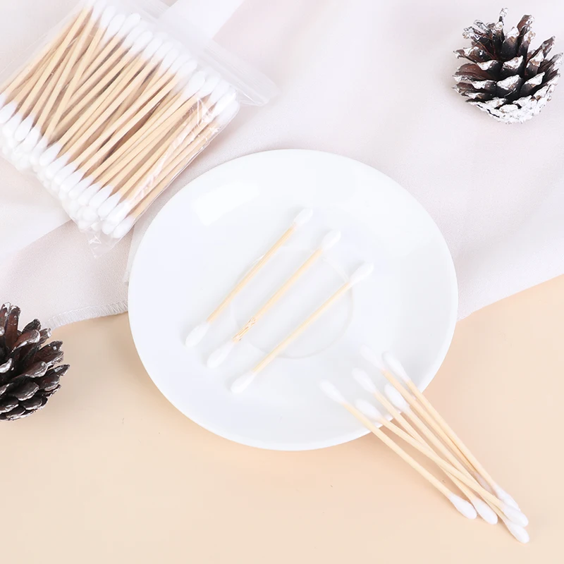 Bastoncillos de algodón desechables de doble cabeza para maquillaje, palitos de madera médica, herramientas de limpieza de nariz y orejas, 100