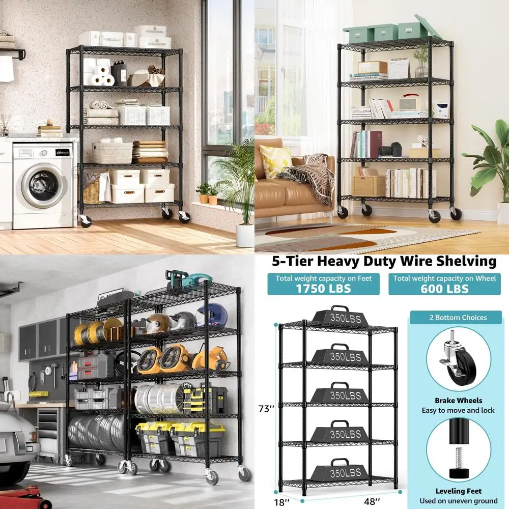 

5-ярусные металлические стеллажи для хранения, усиленные, регулируемые, для гаража, кладовой, кухни (черные, 17.7 глубина x 47.2 ширина x 76.7 высота)