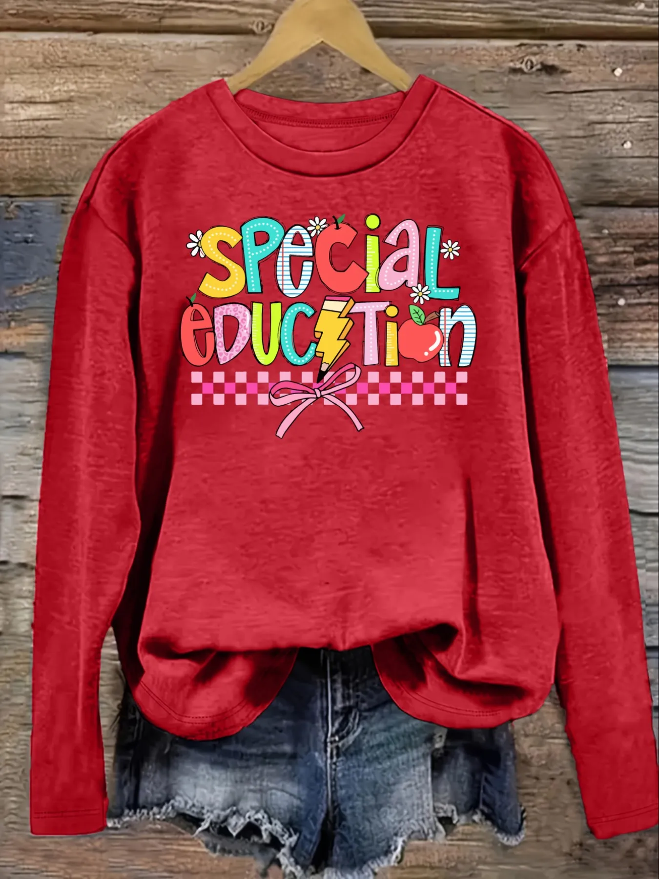 Women's Casual Long Sleeve Crew Neck T-Shirt Special Education Rainbow Apple Bow Design, Round Neck Women's Clothing, Machine Washable, Slightly Elastic, Loose Fit, Spring Autumn Winter Women's T-Shirt, Halloween Costume Outfit view 4