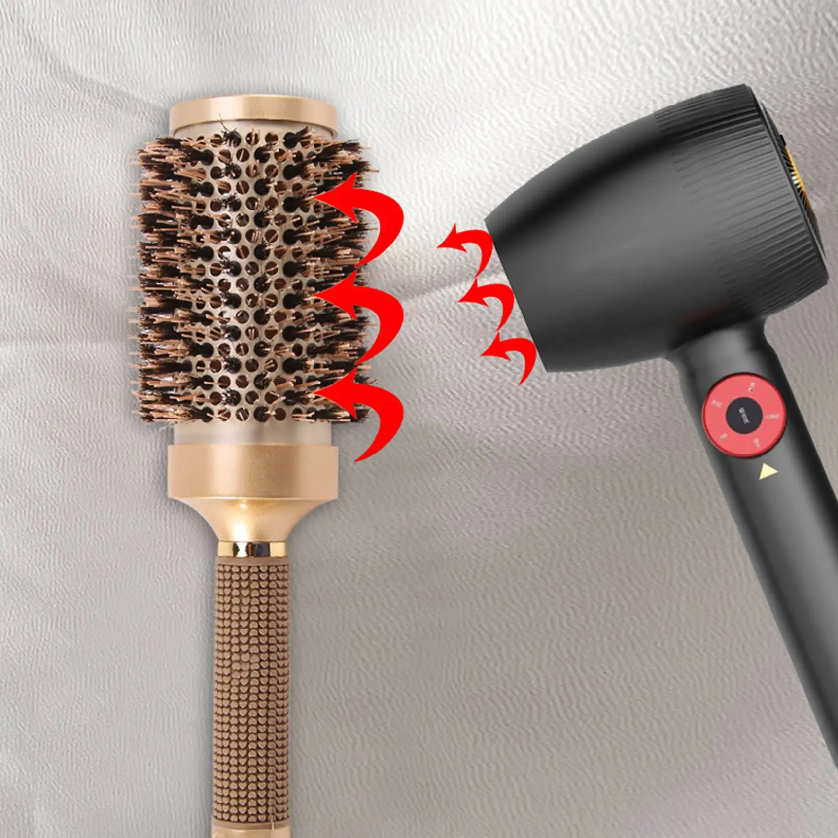 فرشاة شعر برميل دائري مع شعيرات الخنزير محاكاة ، للتجفيف ، التصميم ، الشباك ، الذهب (2.1 بوصة)