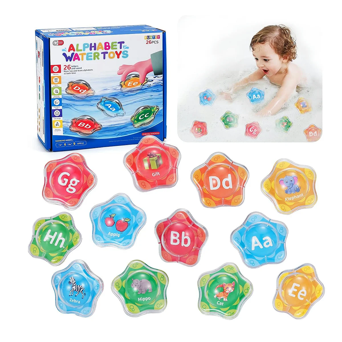 26pcs Alphabet Floating Starfish Bath Toys,Montessori Educational Preschool ABC Learning with Mesh Bag for Toddlers Age 3+,gift