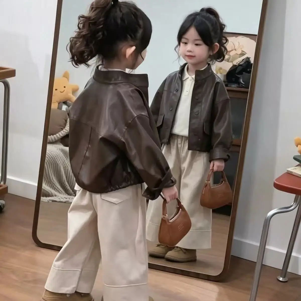 Children's Leather Jacket 2026 Spring Autumn New Style Boys Girls Korean Fashionable Biker Coat Kids Clothing 2-7Y