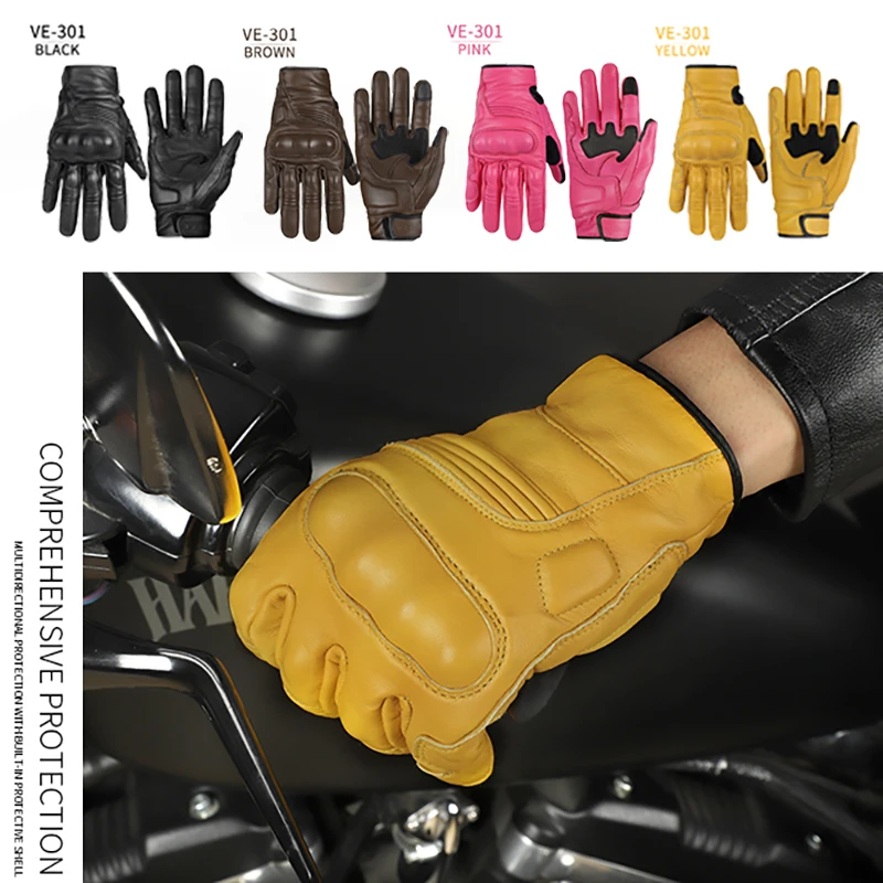 VEMAR Retro Cowhide & Goatskin Leather Motorcycle Gloves Vintage Full Finger Shell Protective Men Sport Touch Screen Yellow Pink