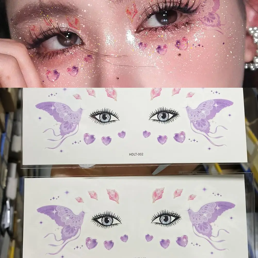2 قطعة الفراشة الأرجواني والحب ملصقات الوشم المؤقت الفراشات ذاتية اللصق/القلب الوجه الوشم لديكور ماكياج العين الحلو Y2K #1