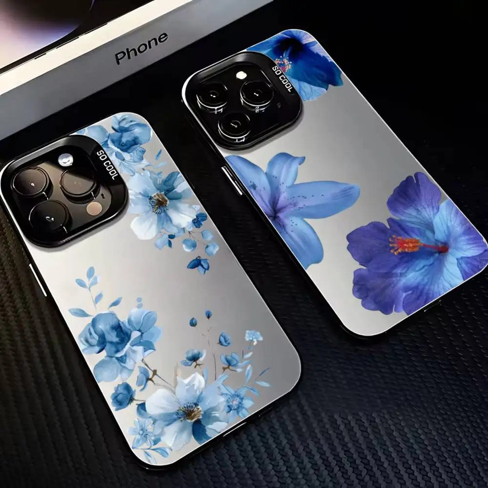 เคสโทรศัพท์ลายดอกลิลลี่สีน้ำเงินสุดหรู สำหรับ iPhone17,16,15,14,13,12,11 Plus,Pro สีเงินด้าน ป้องกันการกระแทก