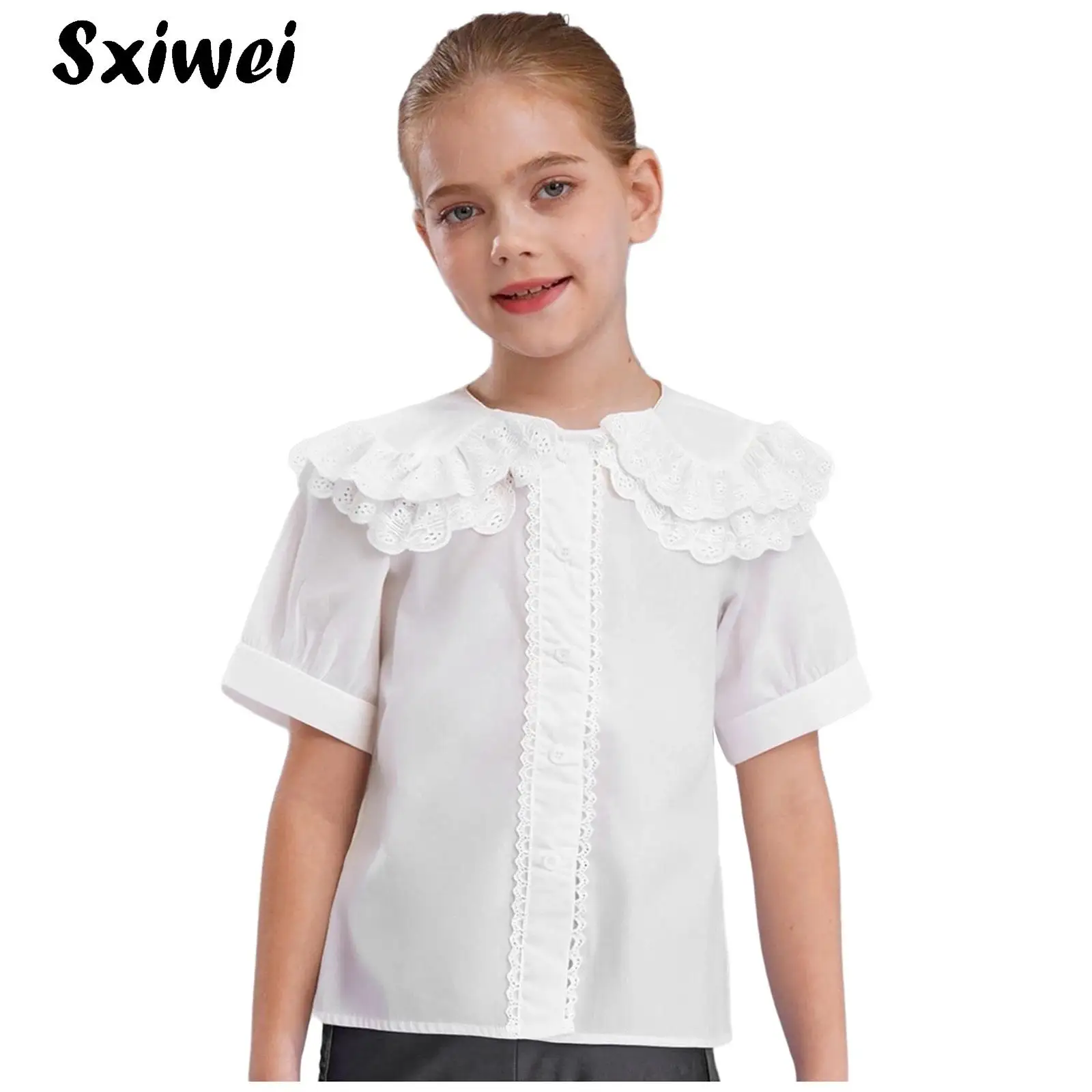 

Kids Girls Lolita Shirt Summer Sweet Lace Trim Turn-Down Collar Short Sleeve Tops School Girls White Blouse Button Casual Tops
