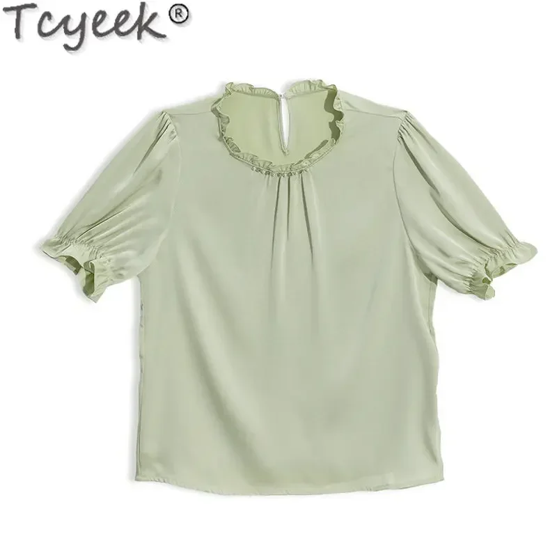 Tcyeek Heavyweight 19 Mm 100% Real Mulberry Silk Blouse Summer Short Sleeve T-shirts Ladies Clothes Tshirt Blusa Mujer Elegante