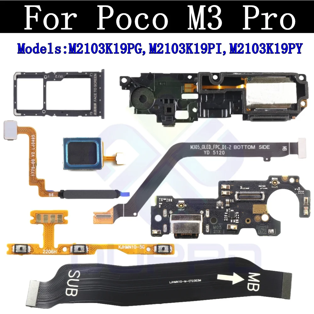 

Верхний громкий динамик, порт для зарядки, лоток для SIM-карты для Xiaomi Poco M3 Pro 5G, датчик включения, громкости, отпечатков пальцев, гибкий кабель