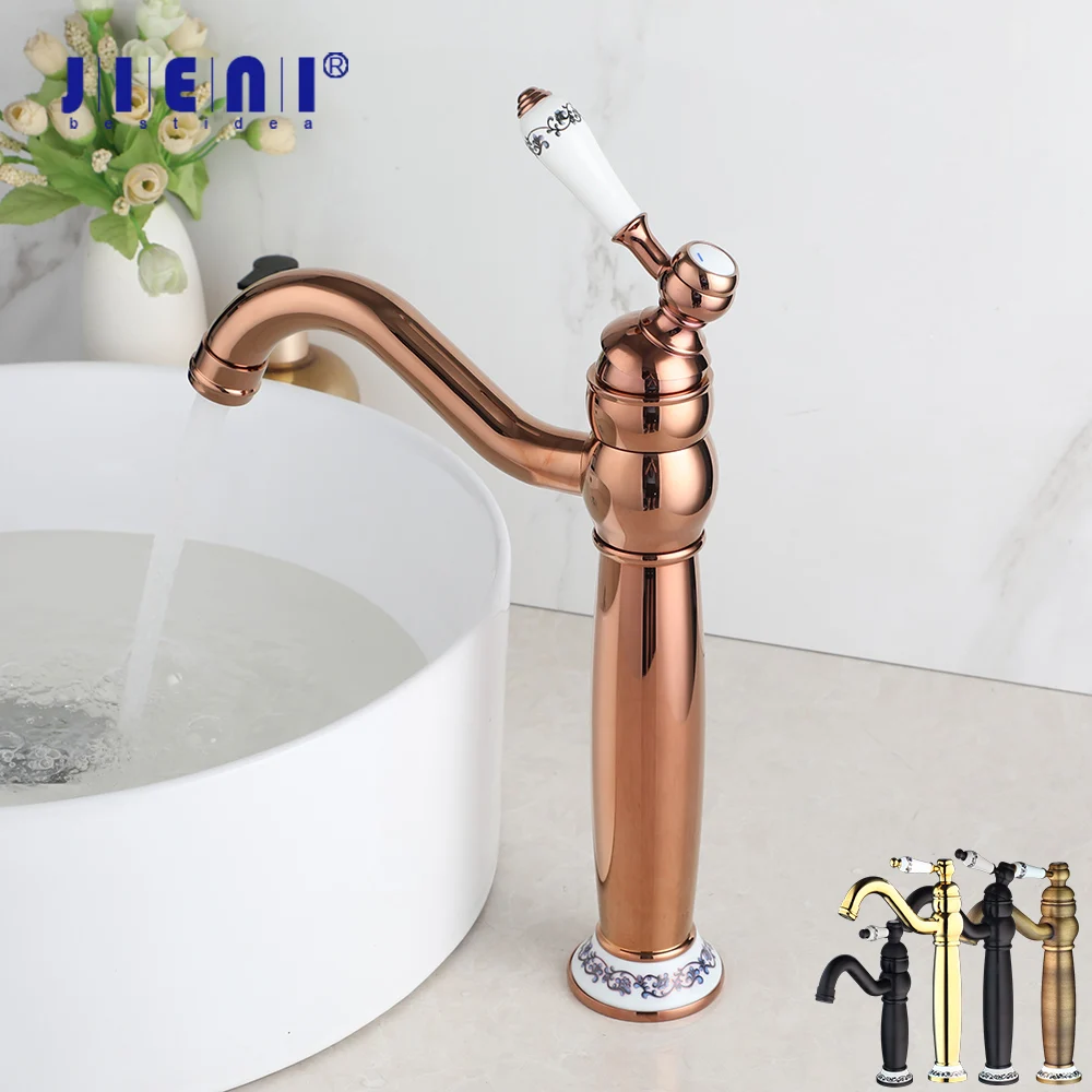 

JIENI Смеситель для раковины в ванной комнате из розового золота, керамический смеситель с одной ручкой, поворотный на 360 градусов, латунный смеситель для горячей и холодной воды, монтируемый на палубе